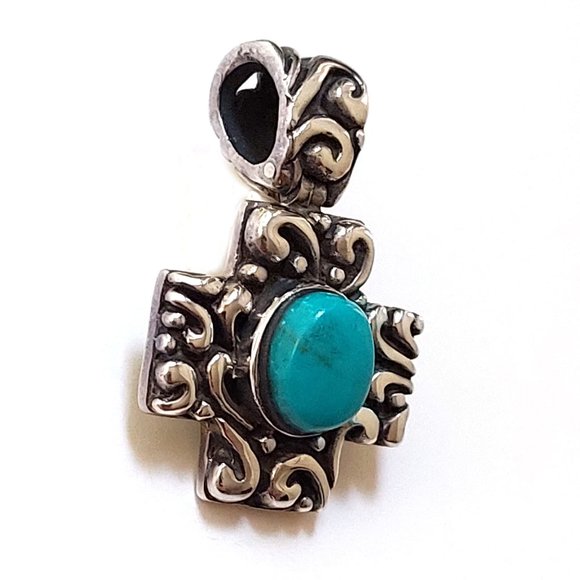 925 Sterling Silver Turquoise Cross Pendant - Picture 3 of 4